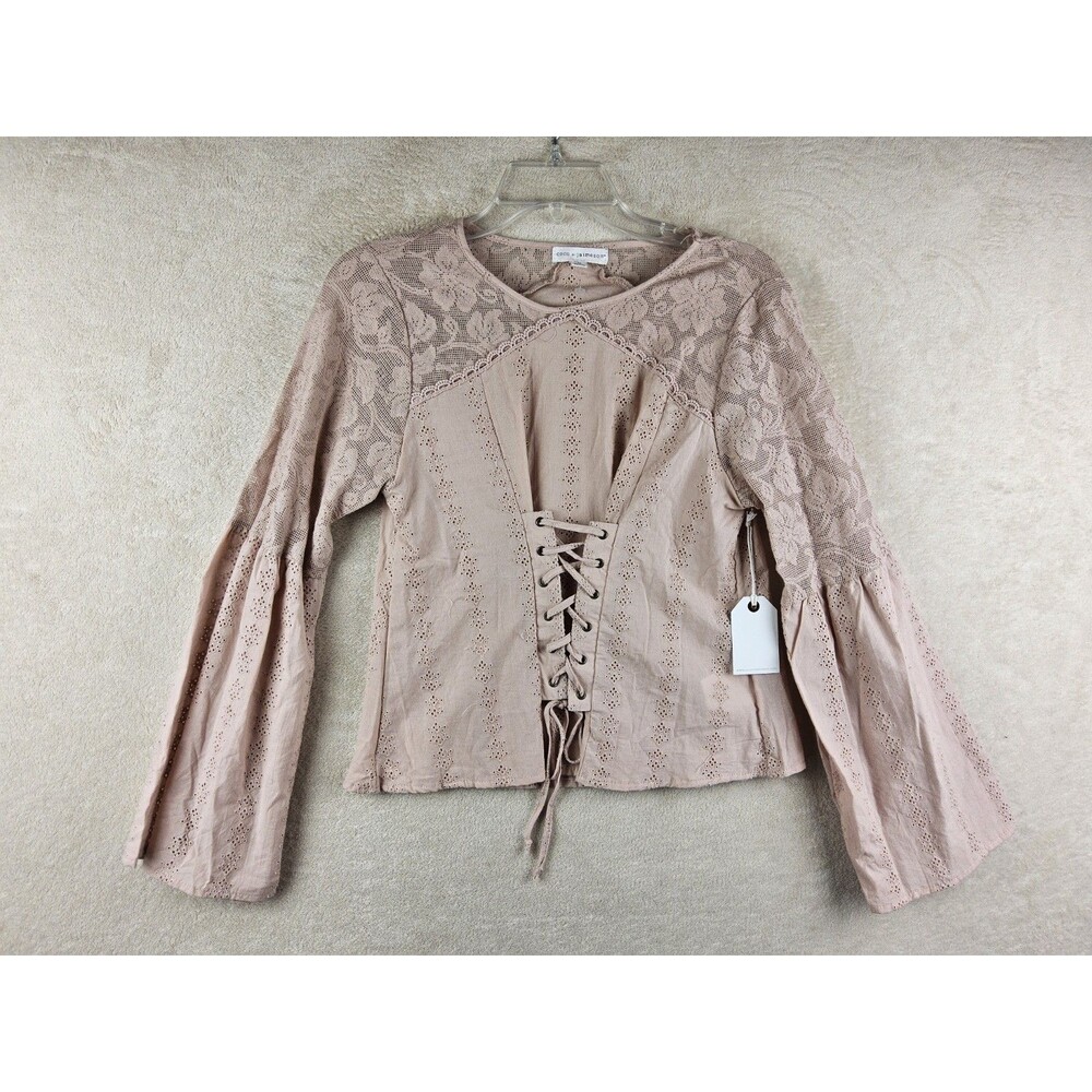 Coco + Jaimeson Women's Eyelet Long Sleeve Lace Up Blouse Top Pink Size L